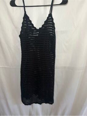 Black Crochet Slip Cover-Up with Spaghetti Straps